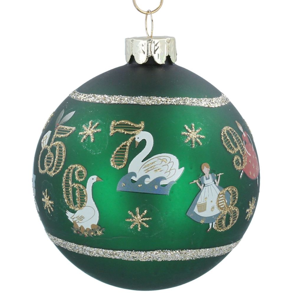 Gisela Graham 8cm Matte Green 12 Days Of Christmas Glass Bauble