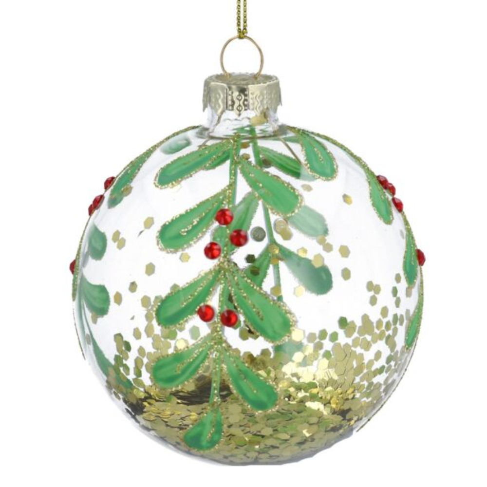 Gisela Graham Clear with Gold Glitter & Green Vines Glass Bauble