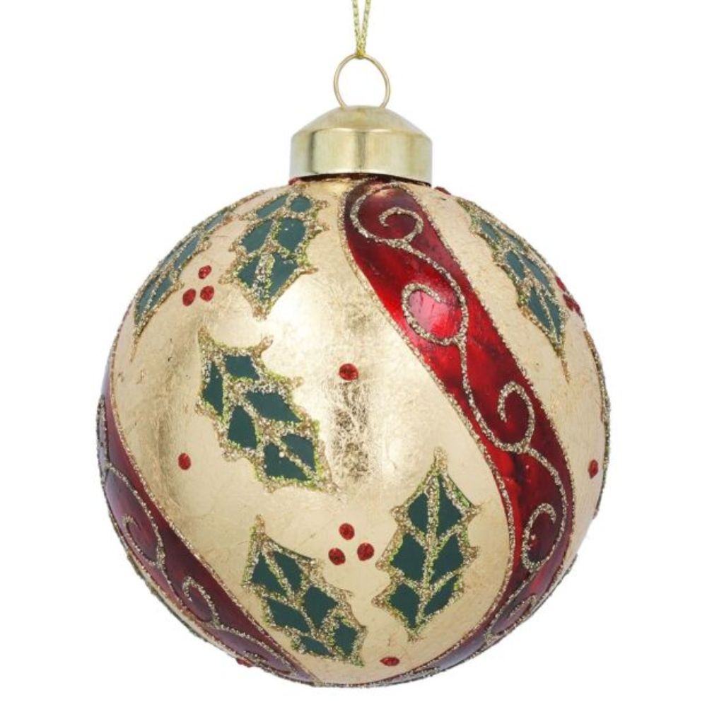 Gisela Graham Gold & Red Swirls with Holly Glass Bauble