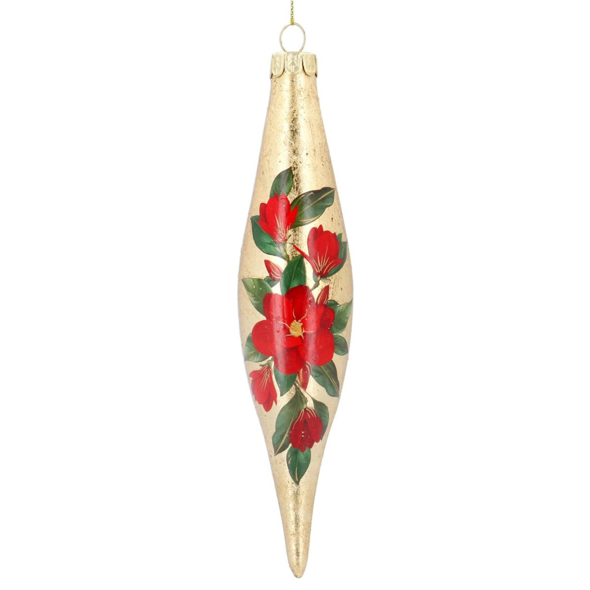 Gisela Graham Red Magnolia Gold Glass Teardrop