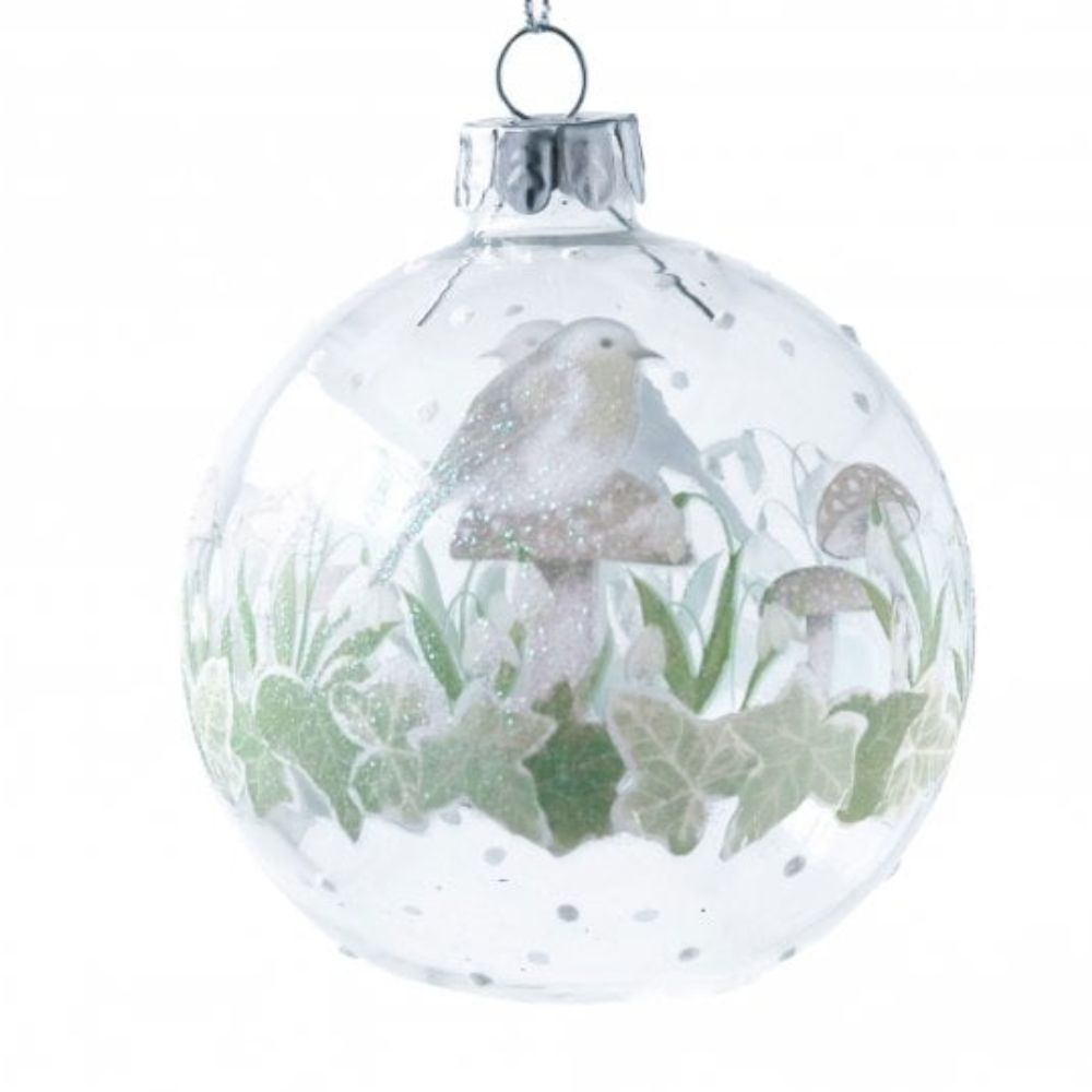 Gisela Graham Snowdrops and Ivy Glass Bauble with Bird