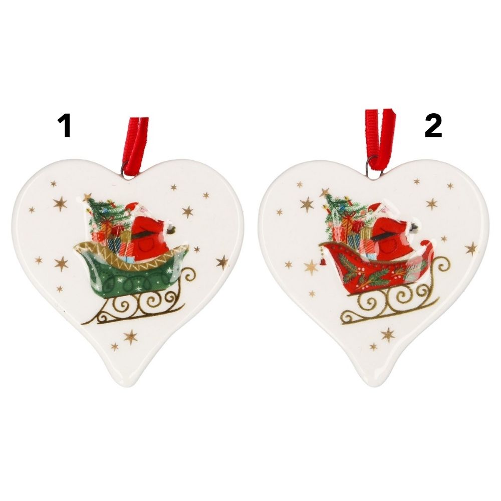 Gisela Graham 6cm Ceramic Heart Santa Hanging Decoration - (Choice of 2)