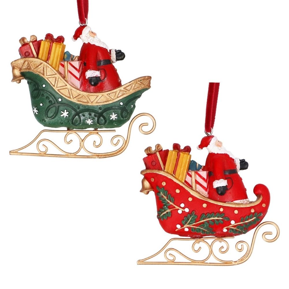 Gisela Graham 8cm Resin Nostalgia Santa Sleigh Hanging Decoration - (Choice of 2)