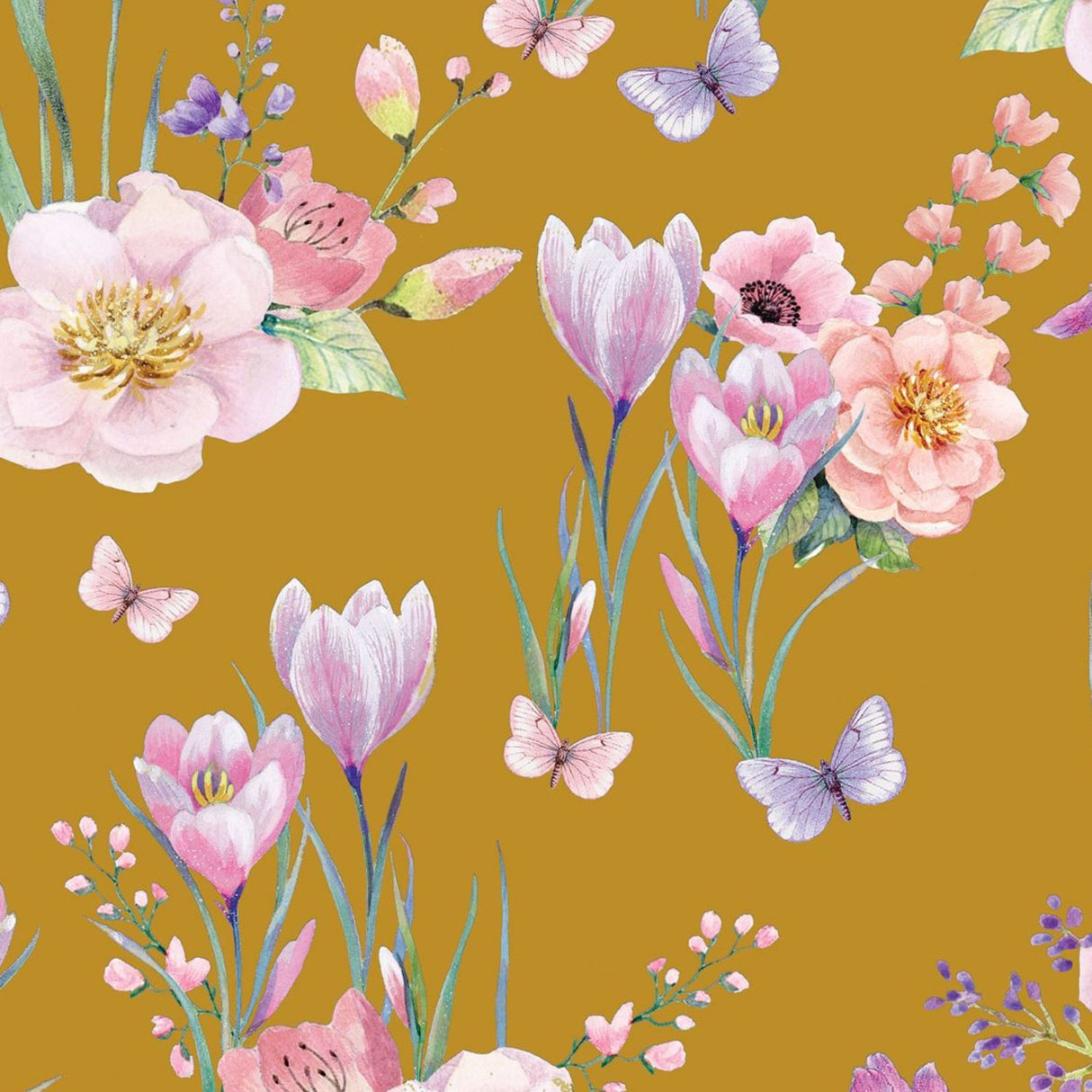 Glick Garden Flowers Design Wrapping Paper Sheet - Gold