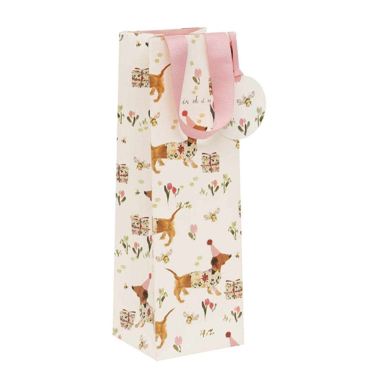 Glick Sausage Dog Birthday Bottle Gift Bag - Cream