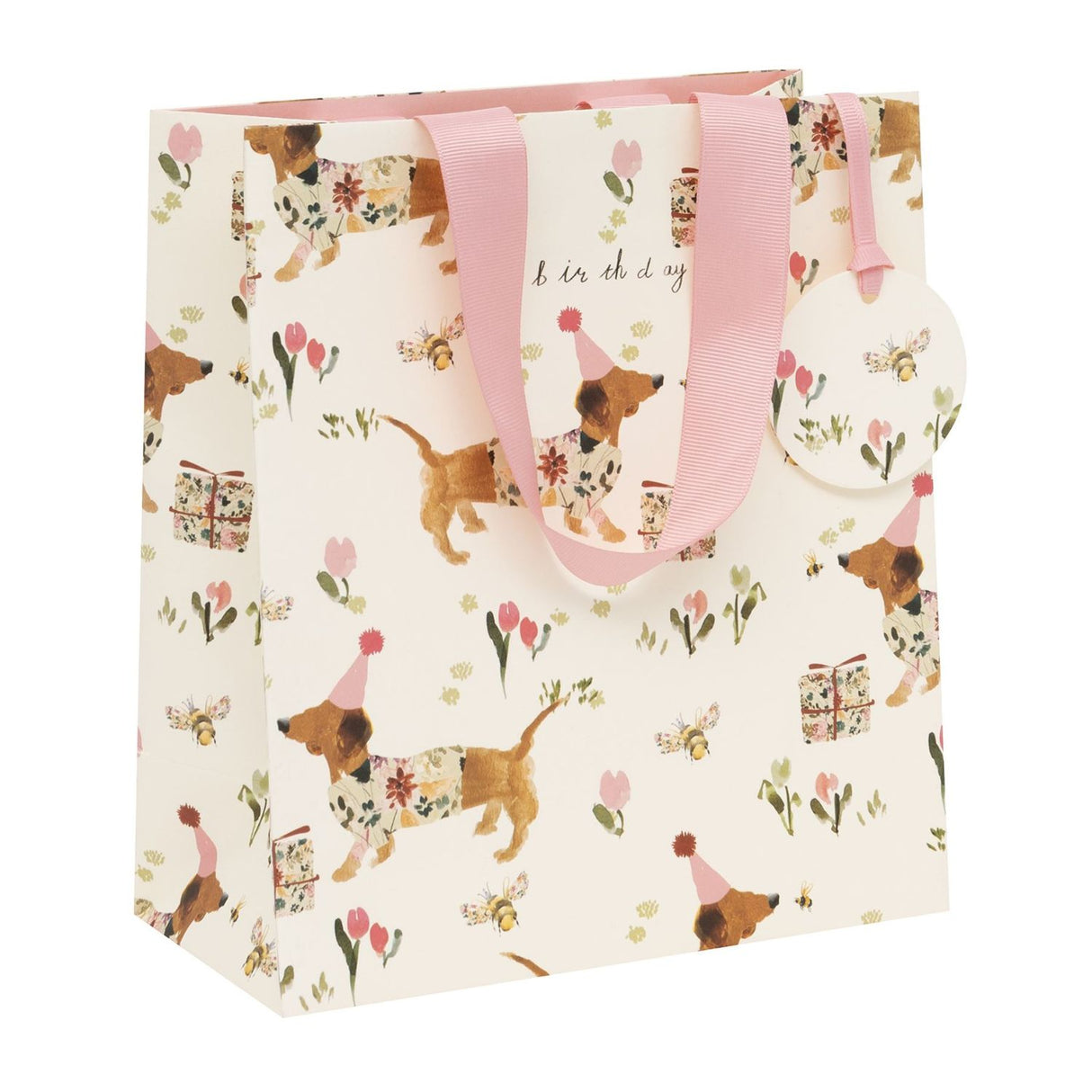 Glick Sausage Dog Birthday Medium Gift Bag - Cream