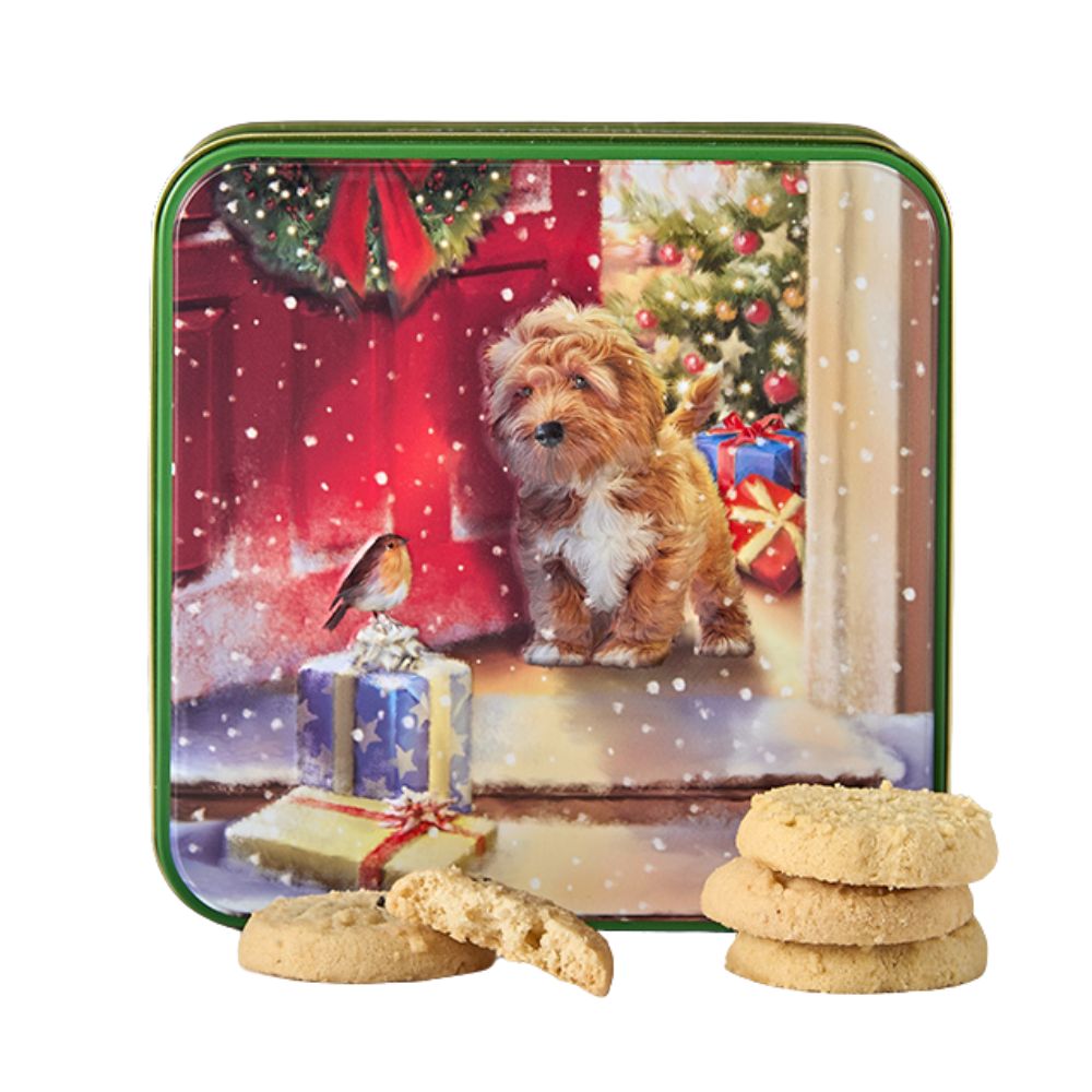 Grandma Wild's Embossed Cockapoo On Doorstep Biscuit Tin