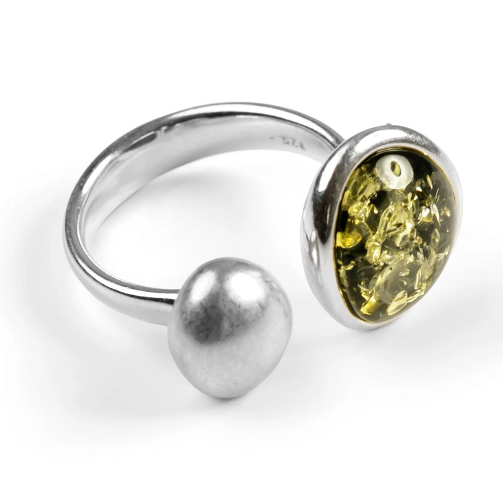 Henryka Silver & Green Amber Open Double Pebble Ring (Size R/S)