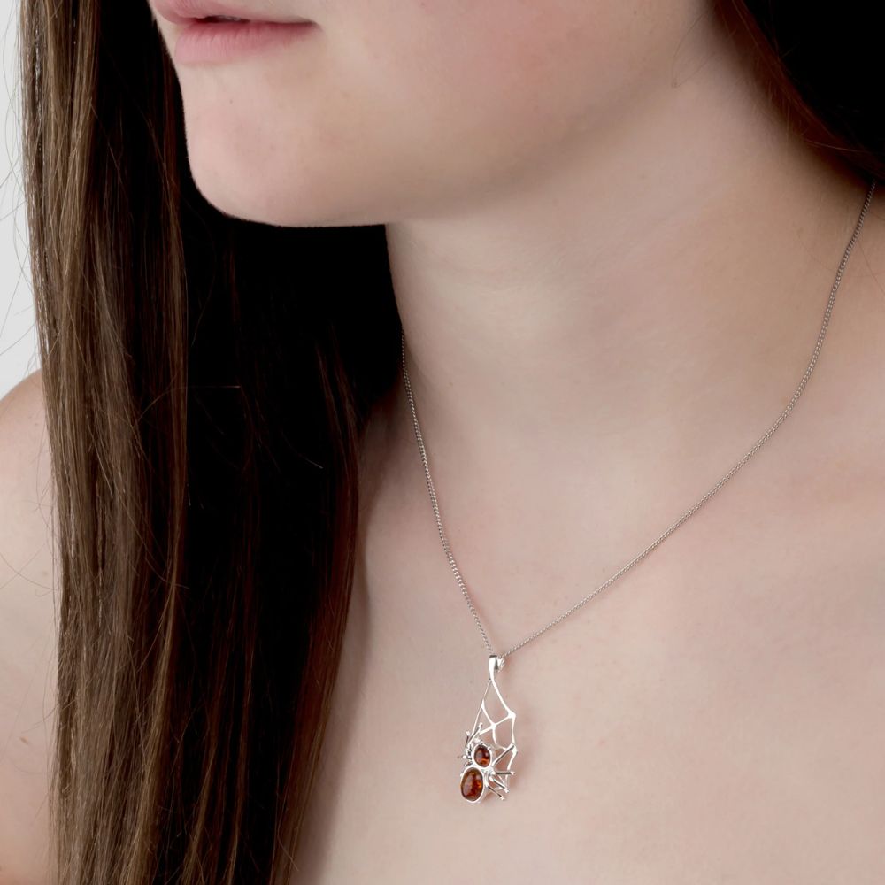 Henryka 18'' Silver & Amber Spider On Web Necklace