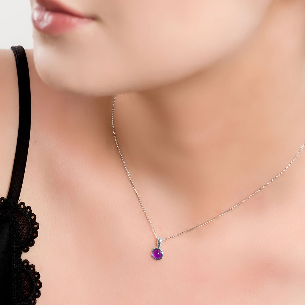 Henryka 18'' Silver & Amethyst Round Charm Necklace