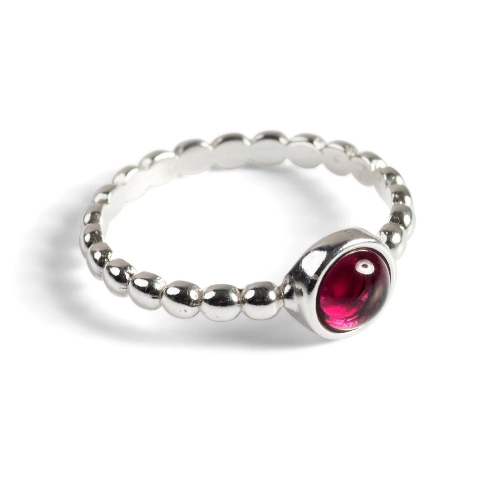 Henryka Silver & Garnet Round Charm Bead Ring (Size R)