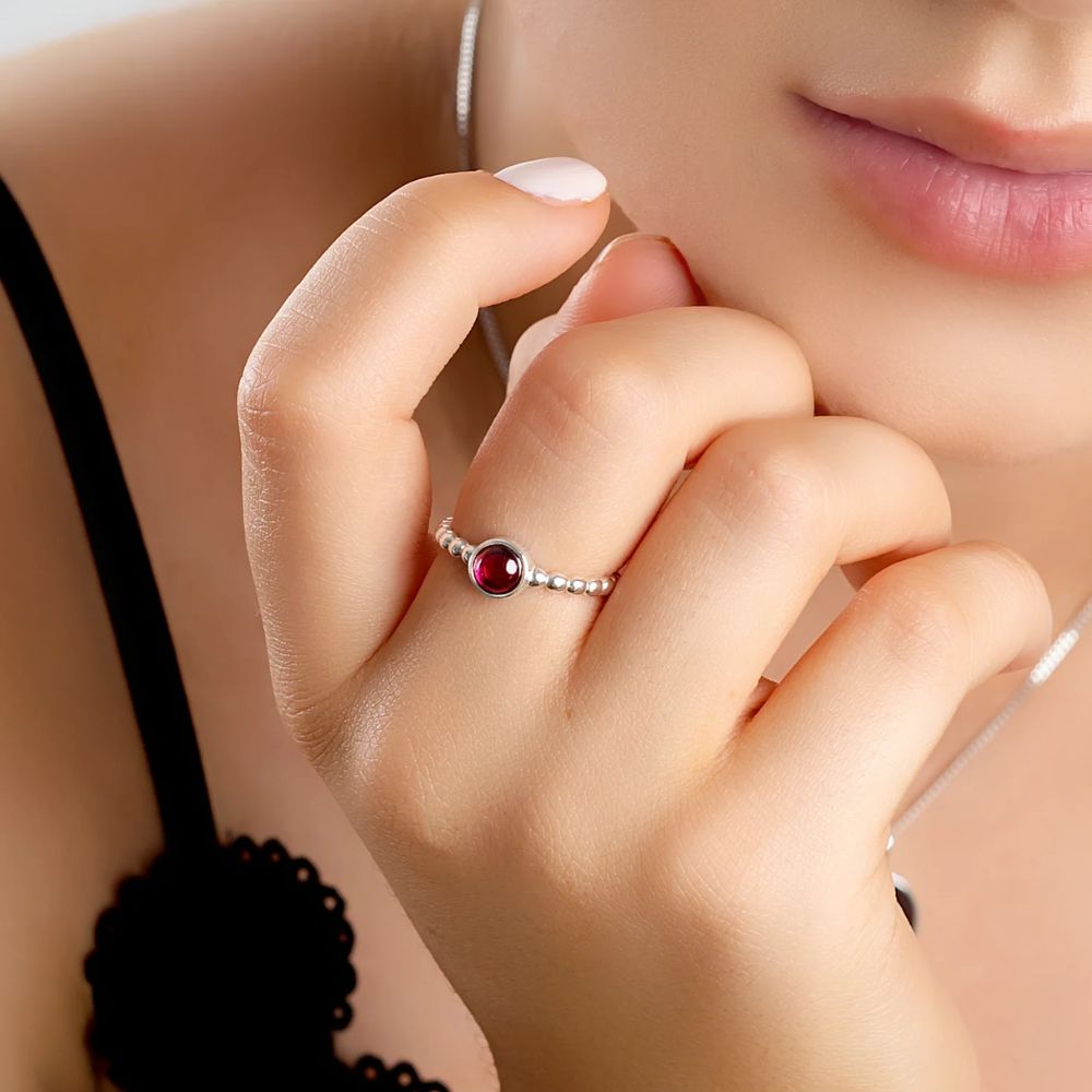 Henryka Silver & Garnet Round Charm Bead Ring (Size R)