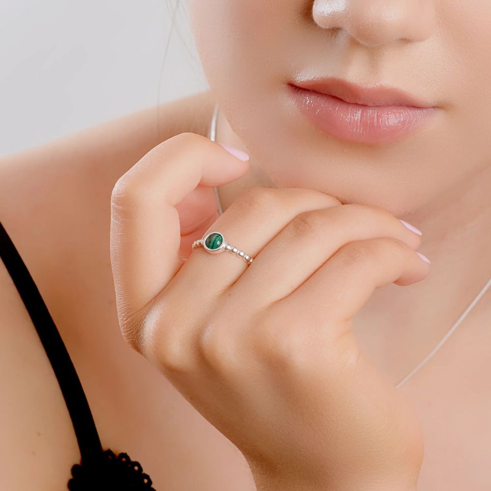 Henryka Silver & Malachite Round Charm Bead Ring (Size N)