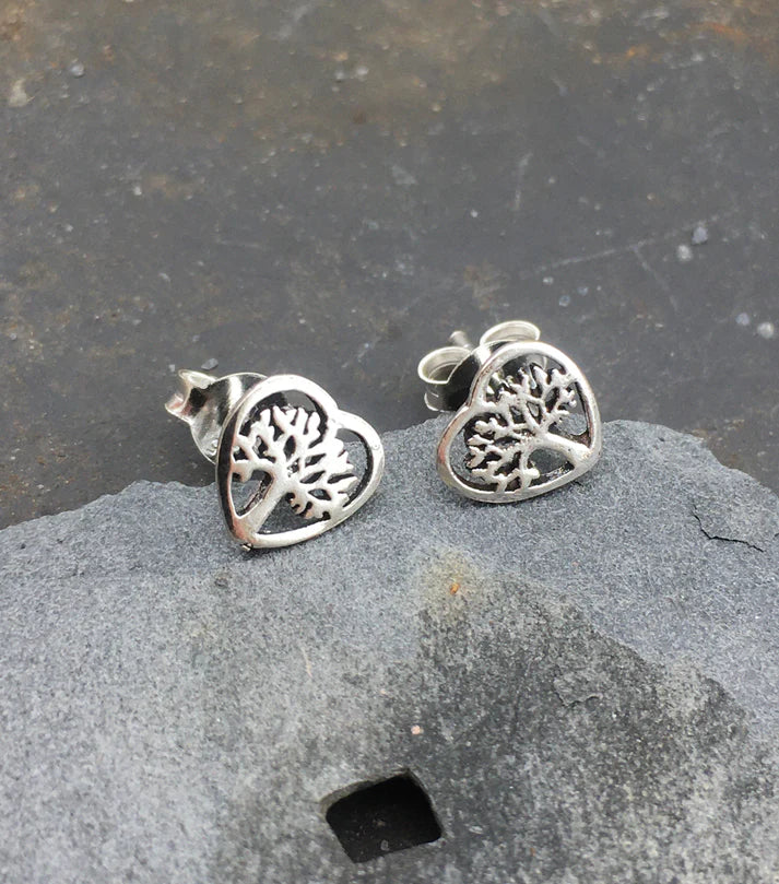 Blue Lily 6mm Silver Tree of Life Heart Stud Earrings - S267B