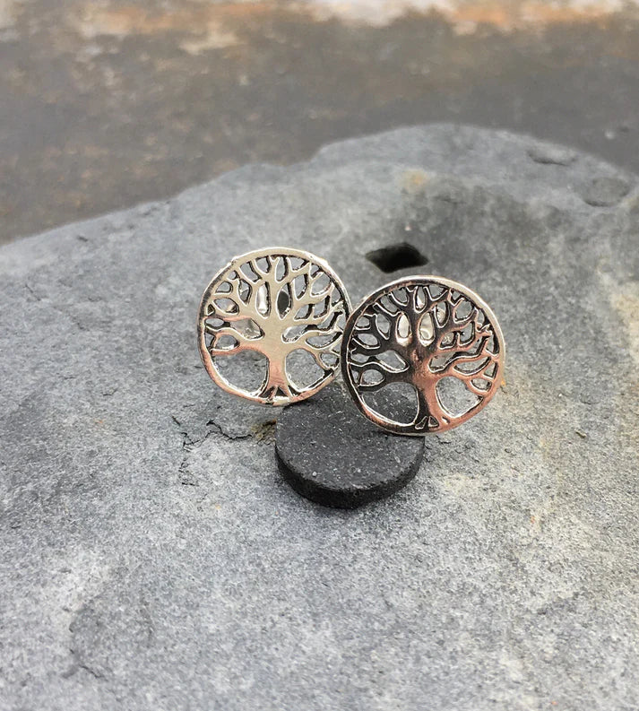 Blue Lily 10mm Silver Round Tree of Life Stud Earrings - S338B