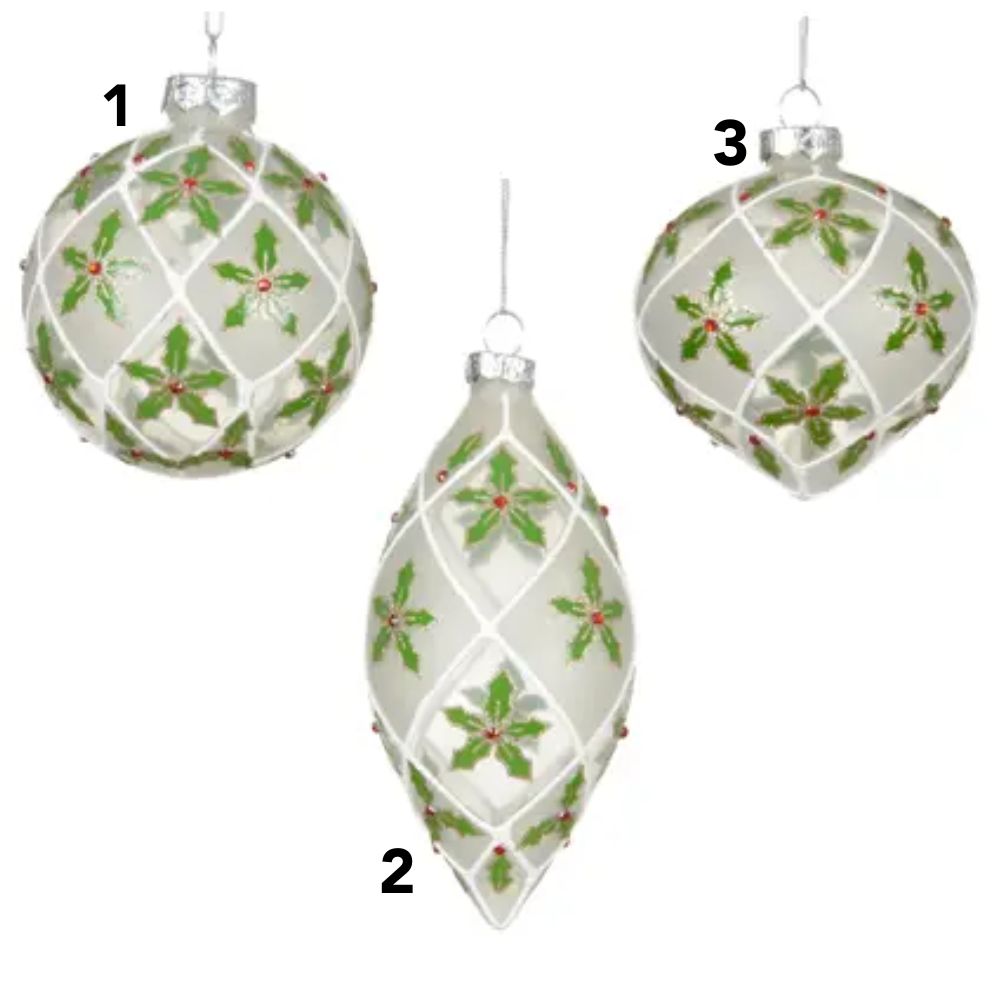 Decoris 8cm Glass Bauble with Green Holly (Choice Of 3)