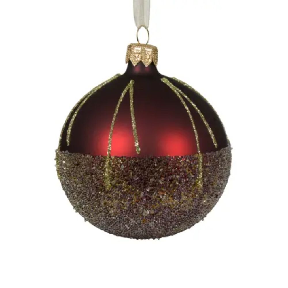 Decoris 8cm Oxblood Glass Matte Ballotine Bauble With Gold Sparkle Lines