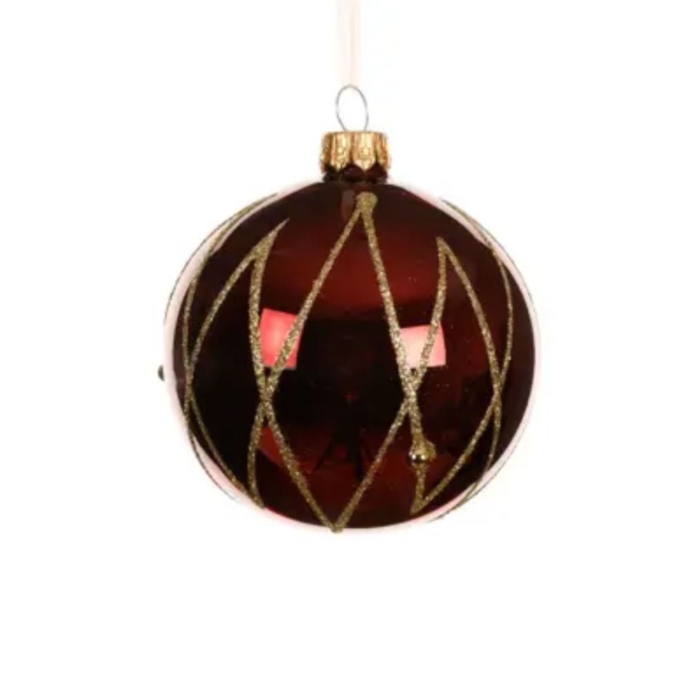 Decoris 8cm Oxblood Shiny Glass Bauble with Gold Vertical Cross Lines