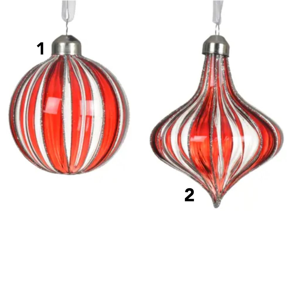 Decoris 8cm Red Transparent Glass Bauble With Silver Glitter Lines