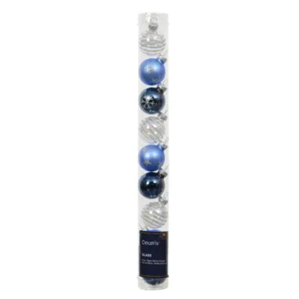 Decoris 9 3cm Assorted Blue & White Glass Baubles With Sparkly Lines, Stars & Snowflakes