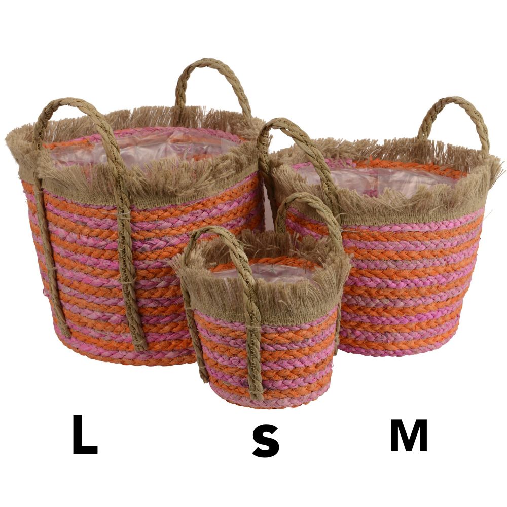 Decoris Medium Round Corn Leaf Planter with Handle - Pink & Orange