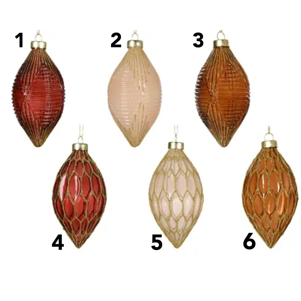 Decoris Olive Shaped Transparent Glass Bauble with Gold Lines (Choice of 6)