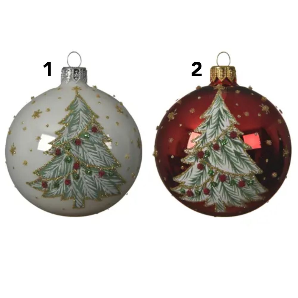 Decoris Shiny Enamael Glass Bauble with Christmas Tree (Choice of 2)
