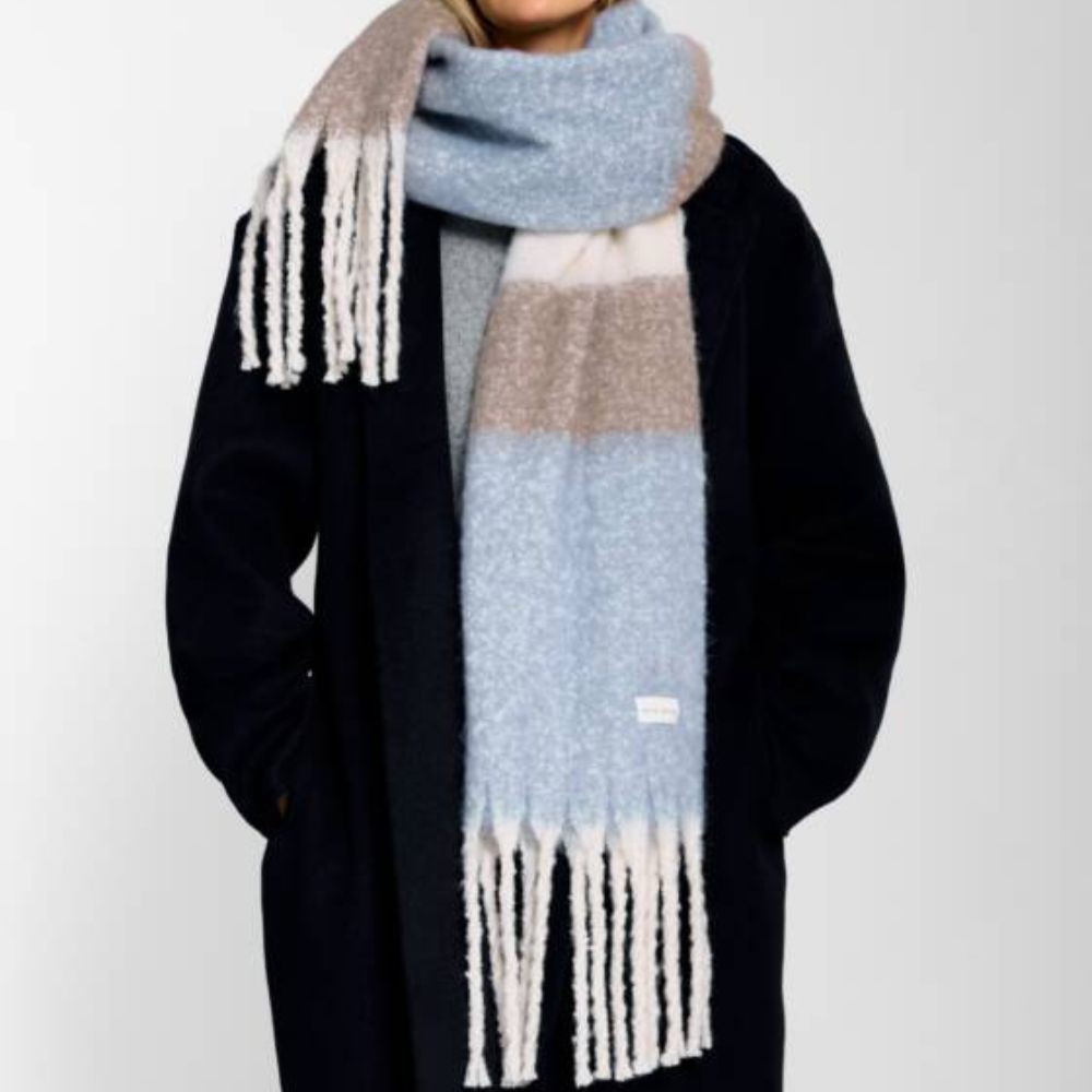 Katie Loxton Blue, Mink & Off White Recycled Striped Tassel Scarf