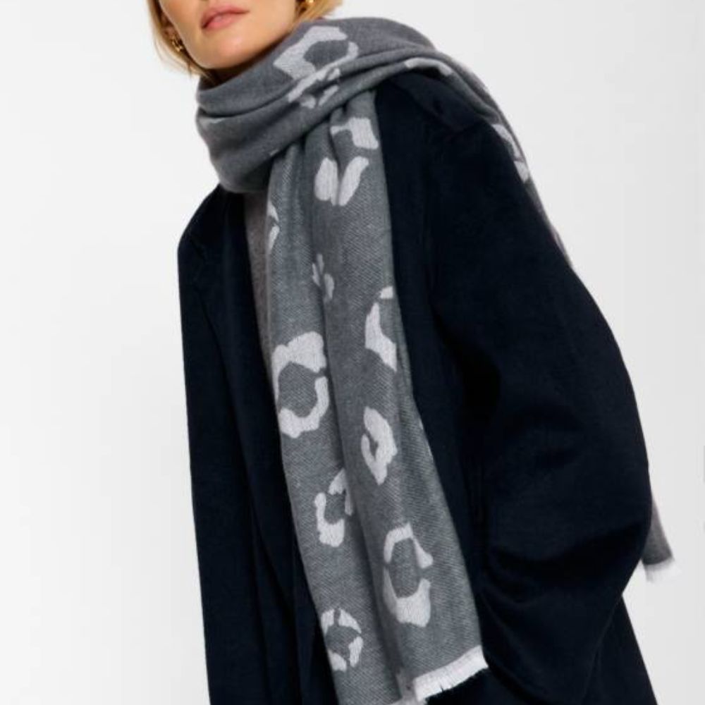 Katie Loxton Charcoal & Pale Grey Leopard Printed Blanket Scarf