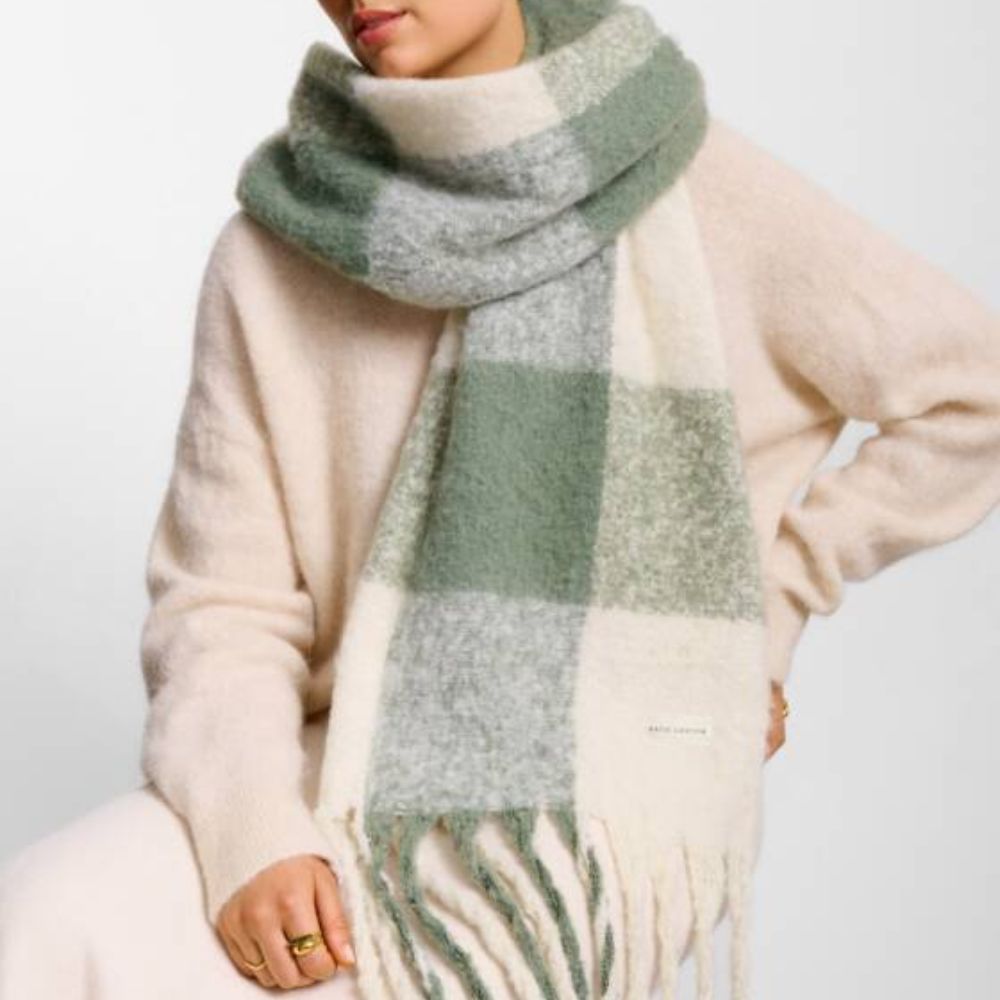 Katie Loxton Graphite Green Recycled Checked Tassel Scarf