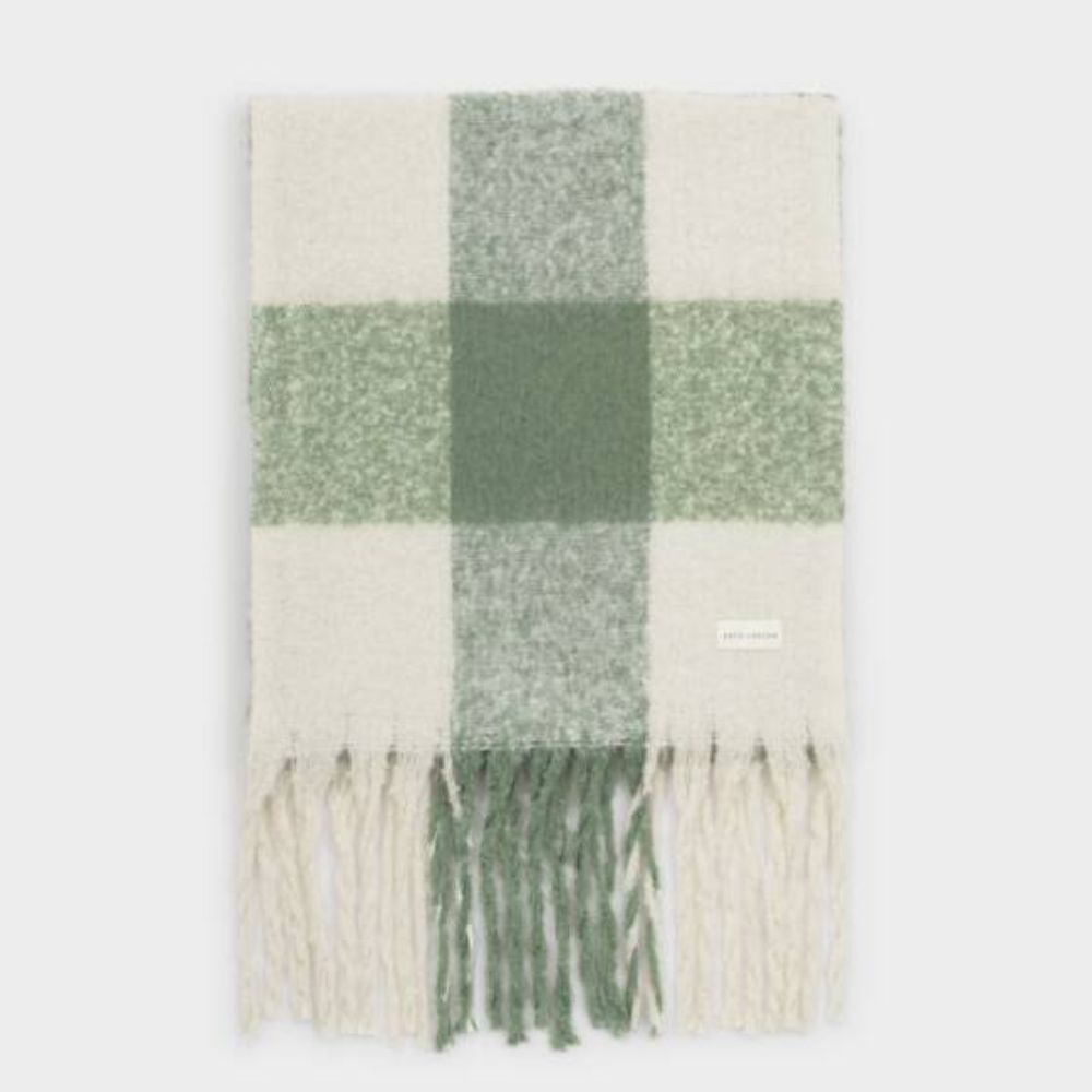 Katie Loxton Graphite Green Recycled Checked Tassel Scarf