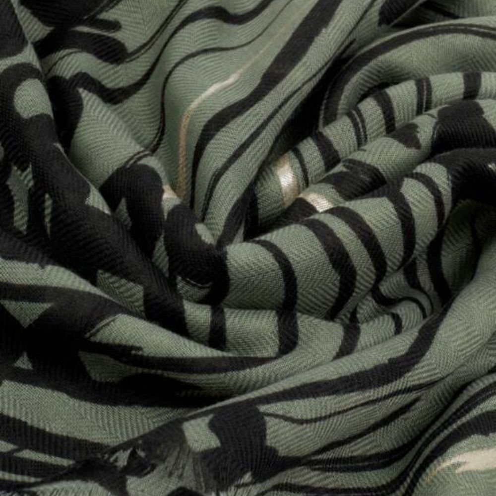 Katie Loxton Khaki, Black & Silver Abstract Animal Printed Foil Scarf