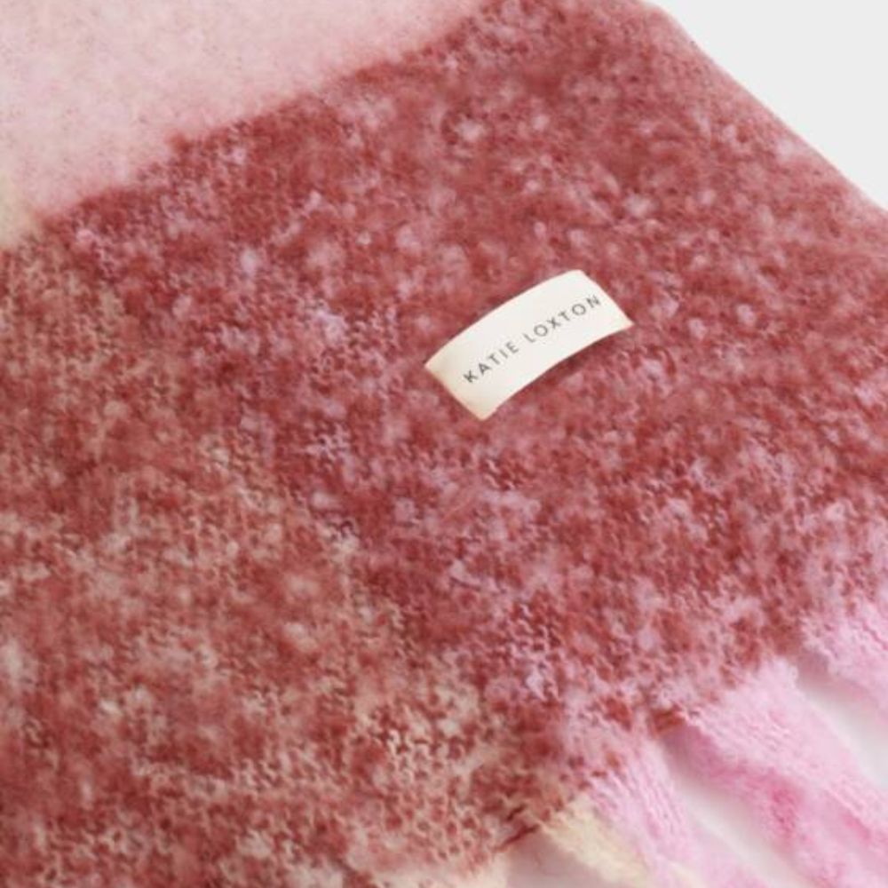 Katie Loxton Pink & Burgandy Recycled Checked Tassel Scarf