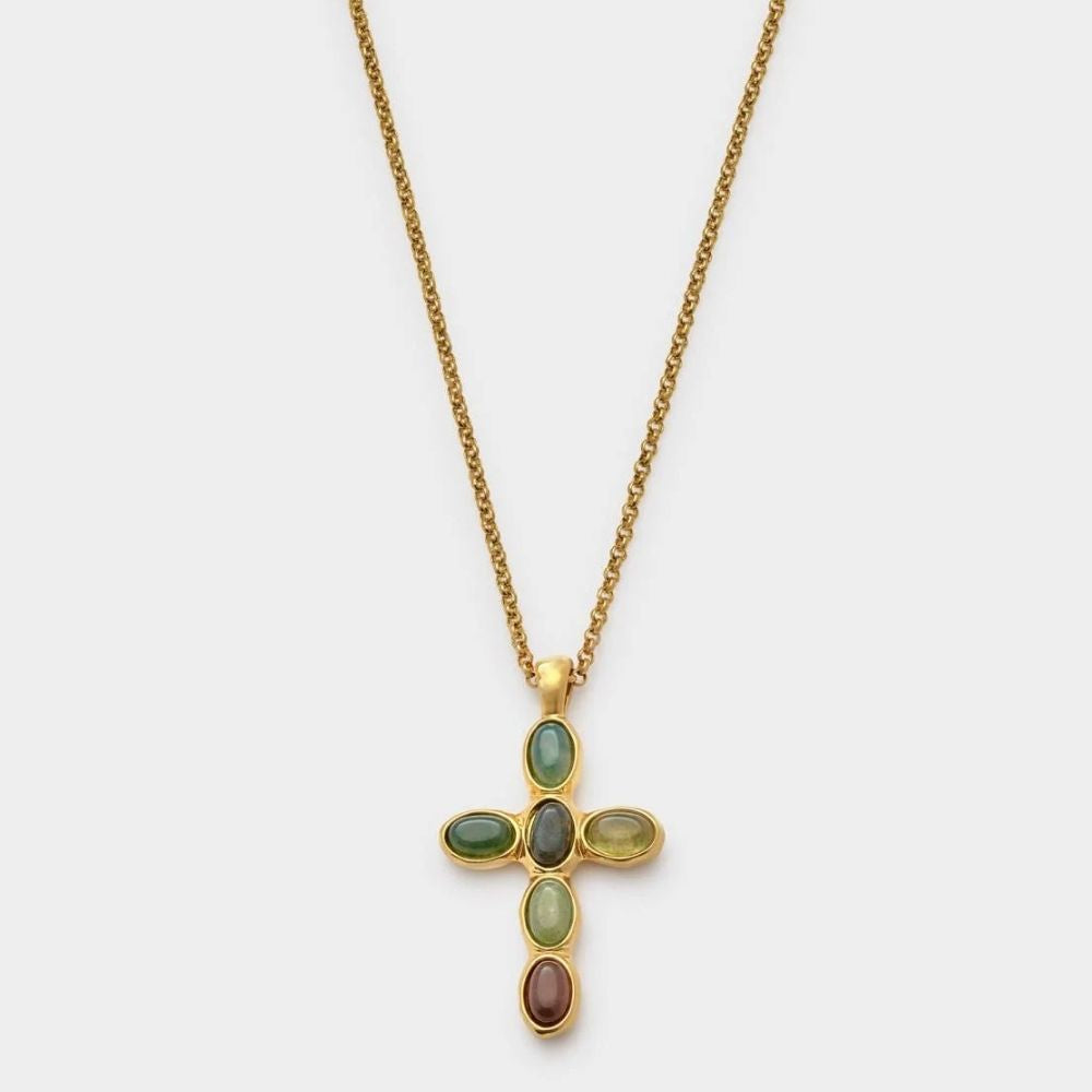Katie Loxton Stone Cross Waterproof Gold Necklace - Green Agate