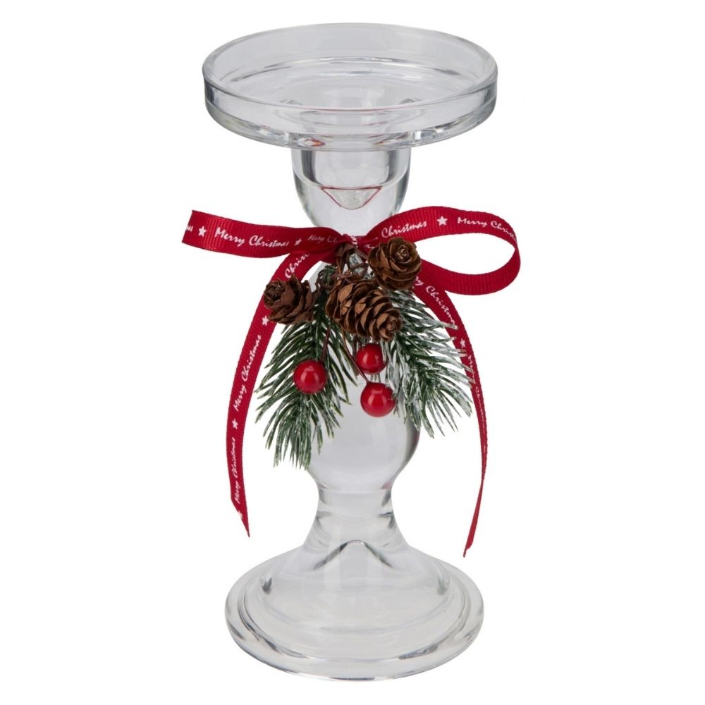 Koopman 17.8cm Festive Foliage Red Ribbon Arcylic Candle Holder