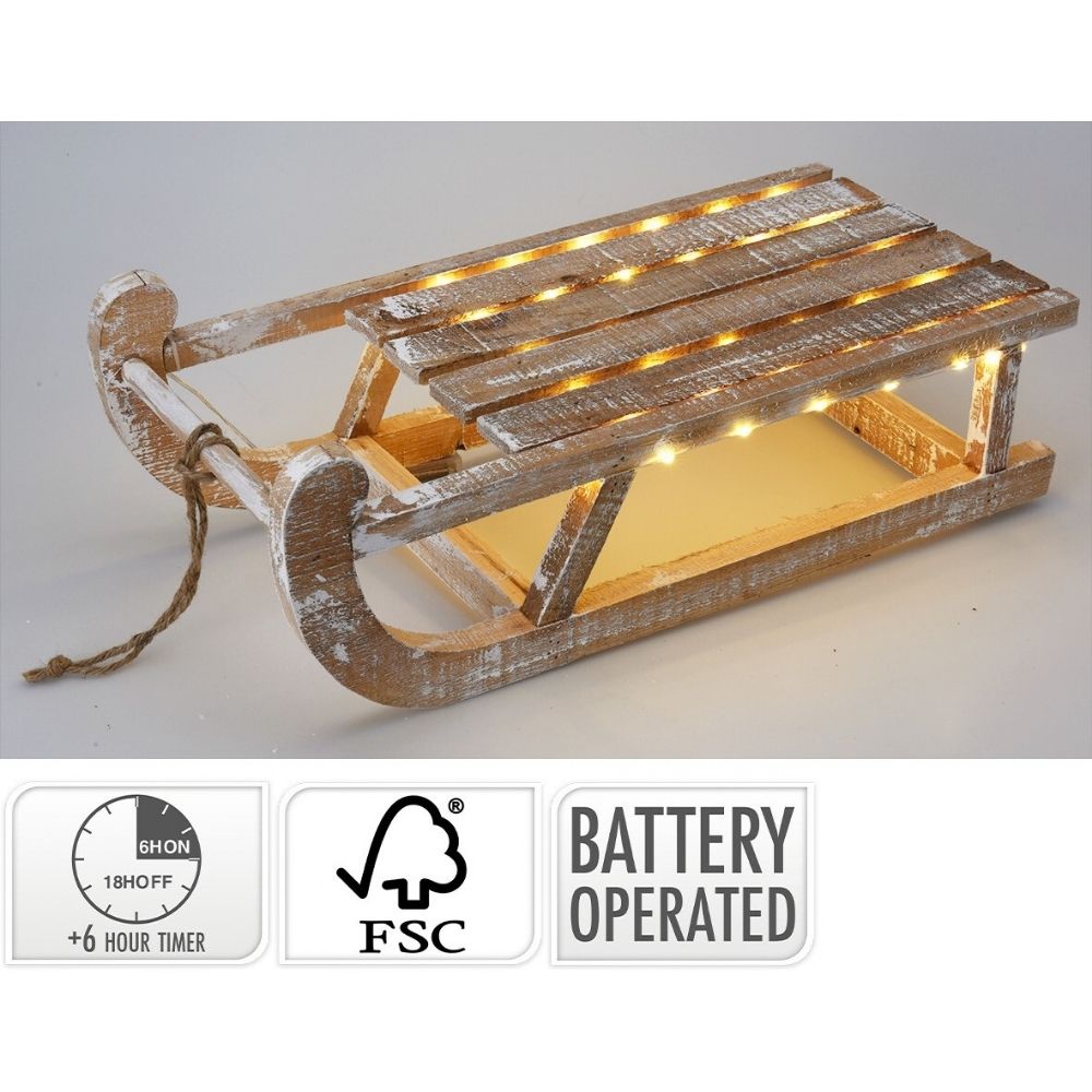 Koopman 50cm Wooden LED Sledge - White Wash