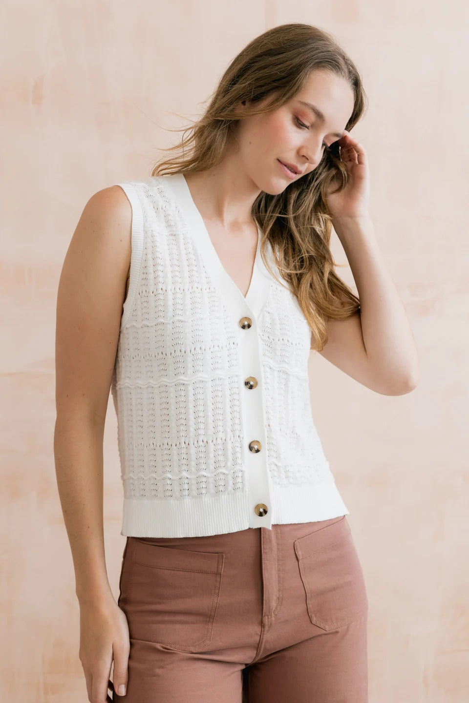 Lily & Me Sophie Pointelle Knit Sleeveless Waistcoat - White