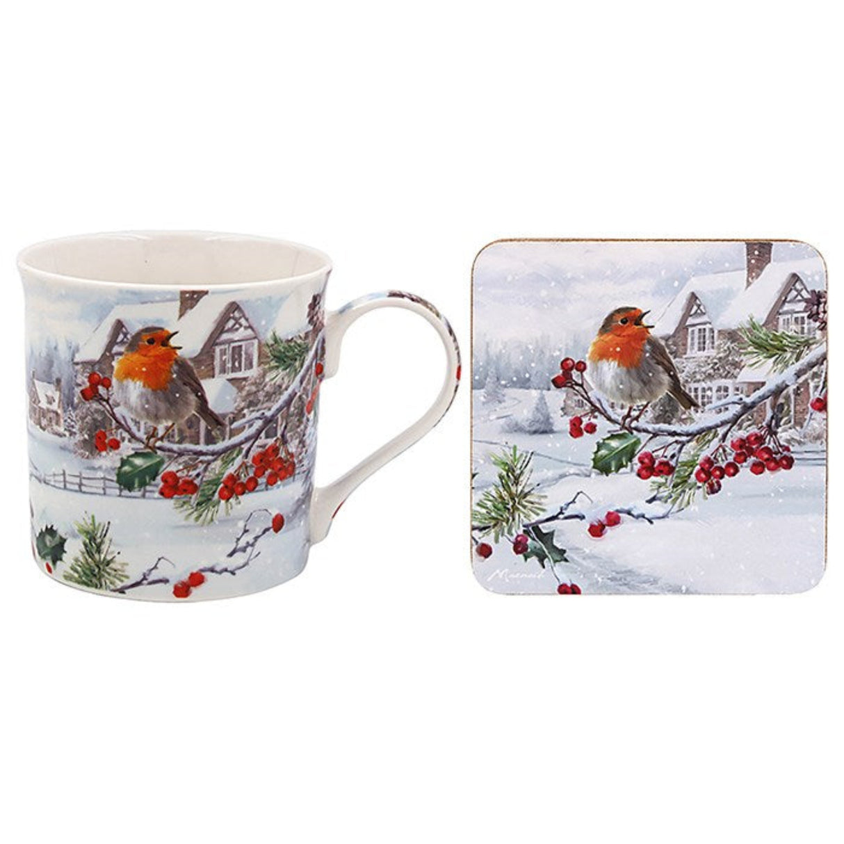 Macneil Traditional White Christmas Robin Mug & Coaster