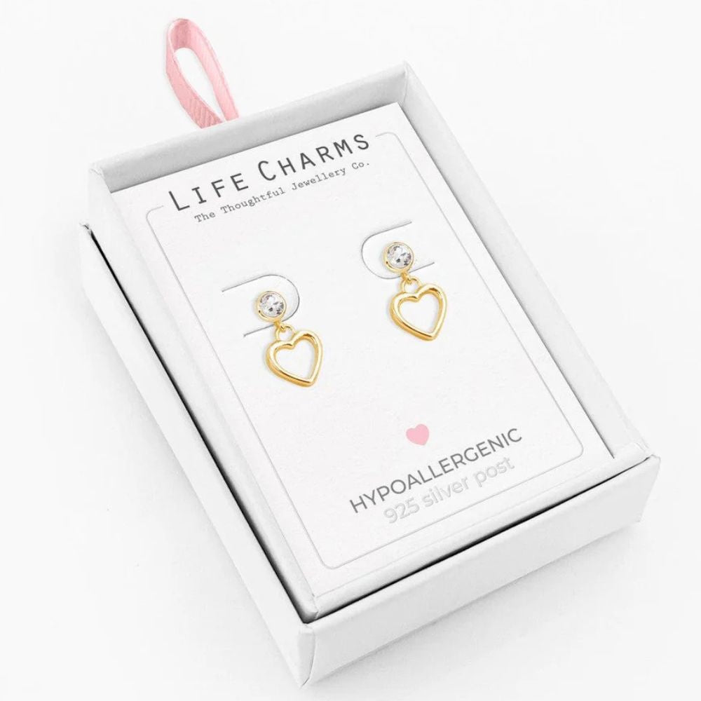 Life Charms Gold Open Heart Drop Stud Earrings