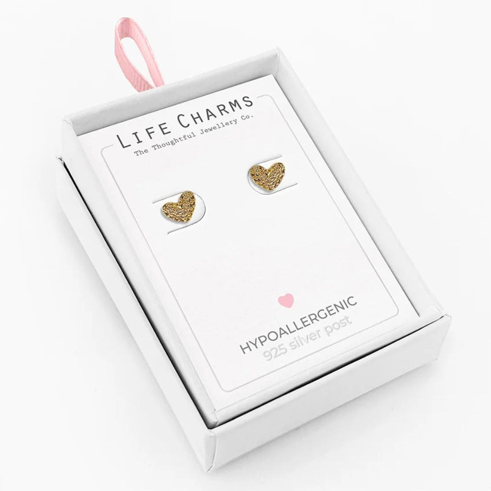 Life Charms Gold Sparkling Heart Stud Earrings