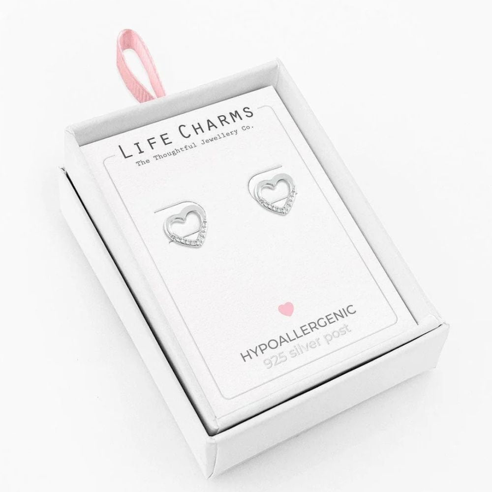 Life Charms Open Silver Heart Stud Earrings