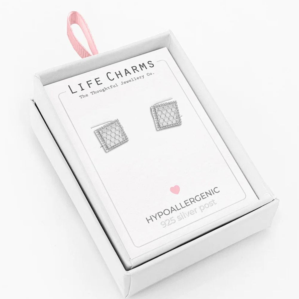 Life Charms Silver Honeycomb Square Stud Earrings