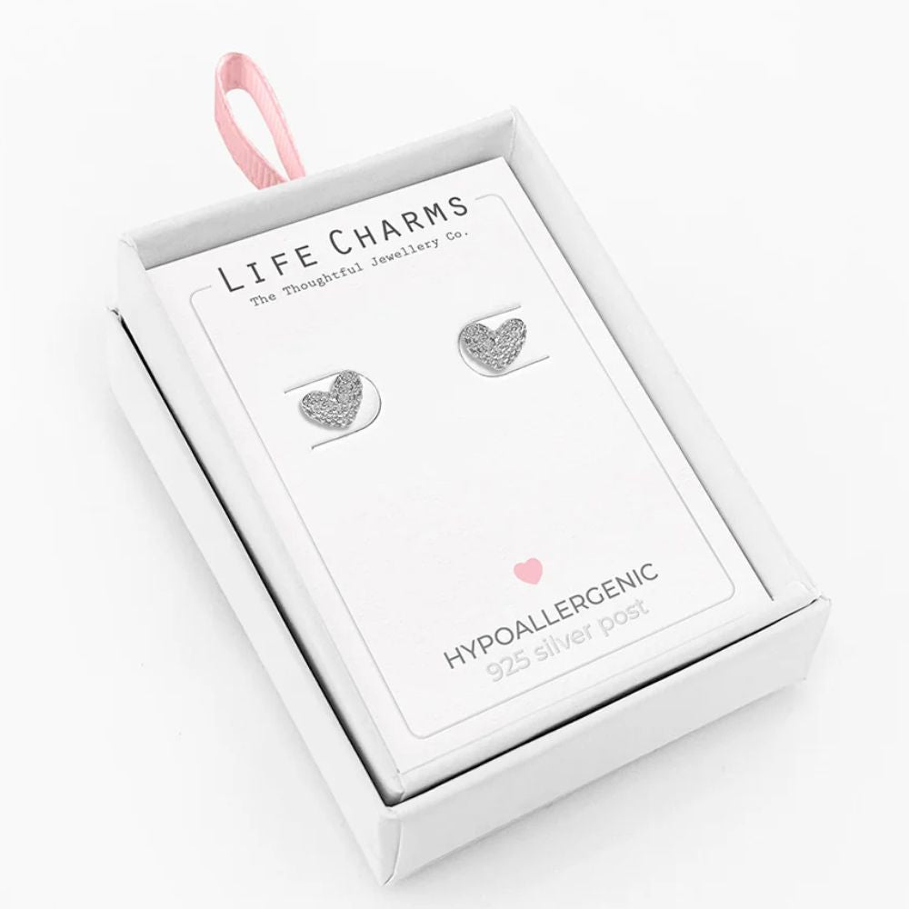 Life Charms Silver Sparkling Heart Stud Earrings