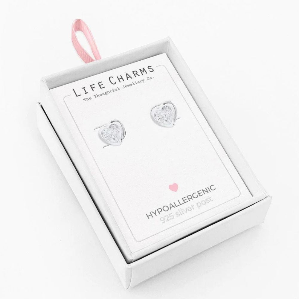 Life Charms Small Crystal Heart Silver Stud Earrings