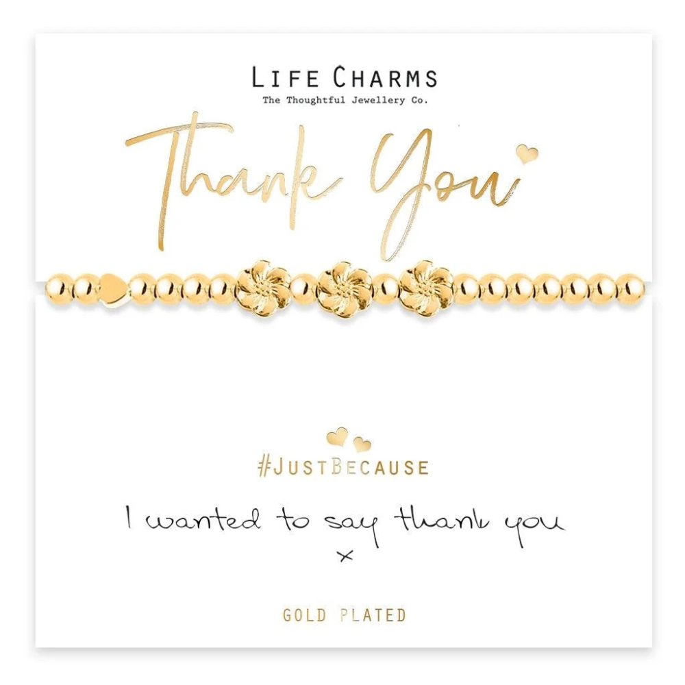Life Charms 'Thank you' Gold Plated Flowers Charm Bracelet