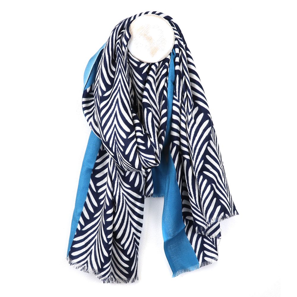 POM Blue Border Monochrome Leaf Print Scarf