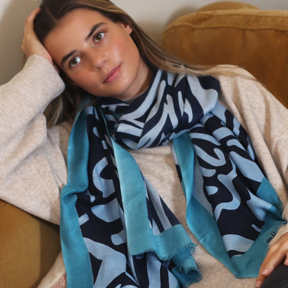POM Blue Mix Abstract Swirl Print Scarf With Border