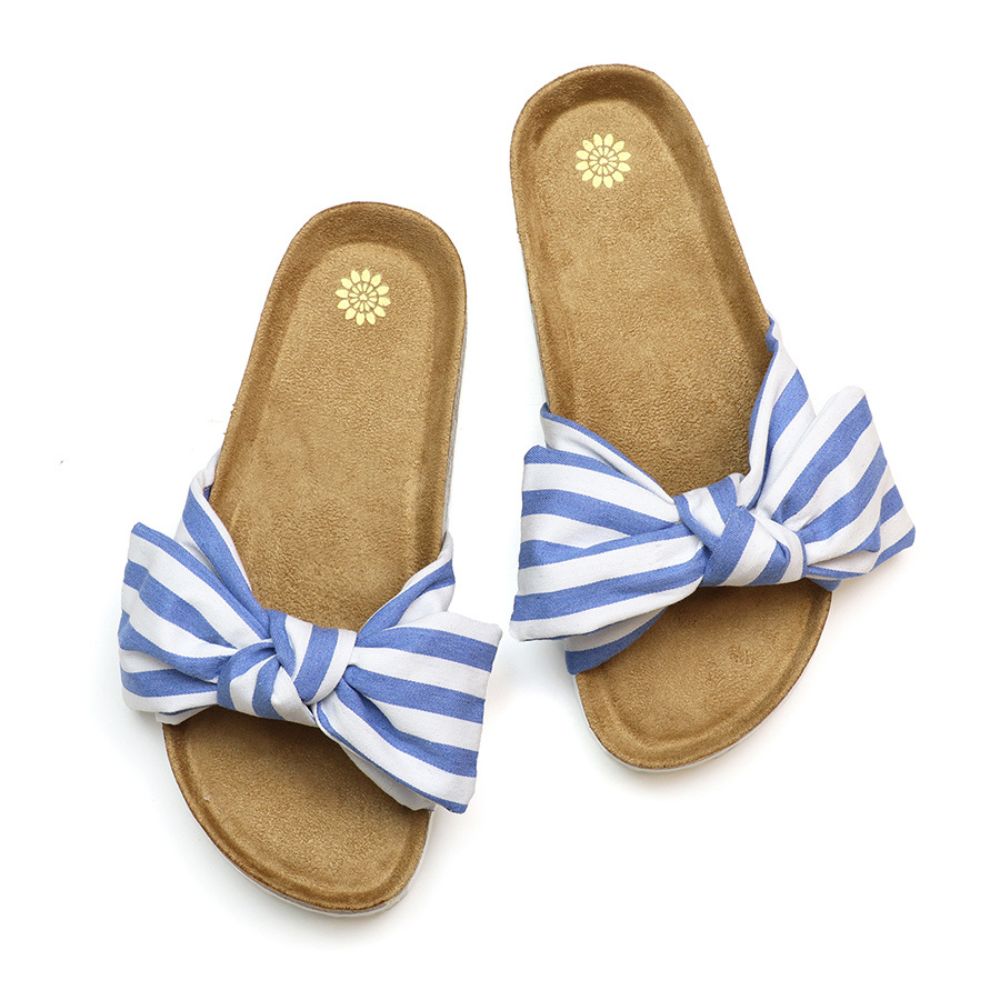 POM Blue & White Striped Bow Sliders- Small