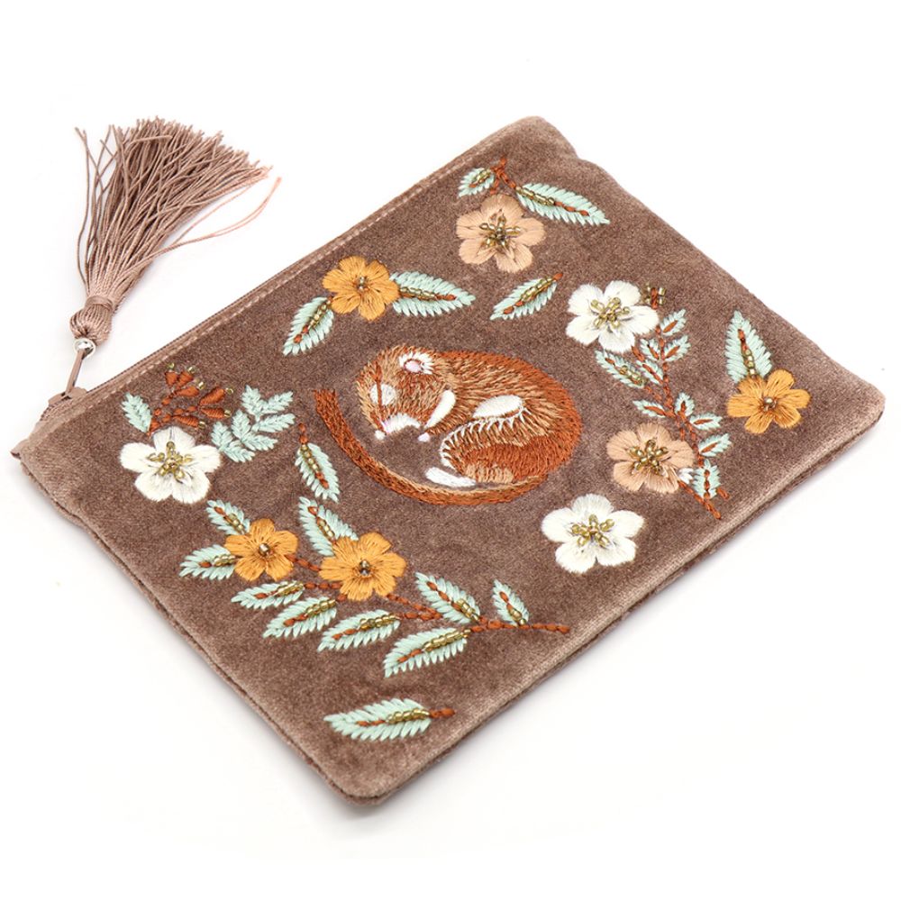 POM Buff Sleeping Dormouse Embroidered Velvet Zip Purse