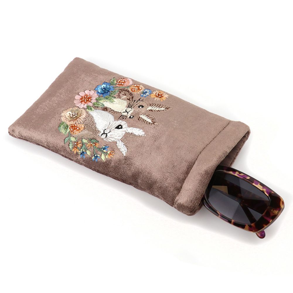 POM Cocoa Velvet Embroidered Bunnies Glasses Case